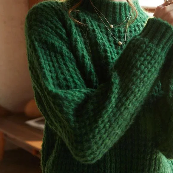green waffle knit sweater fall winter trending chic casual - Picture 5 of 7